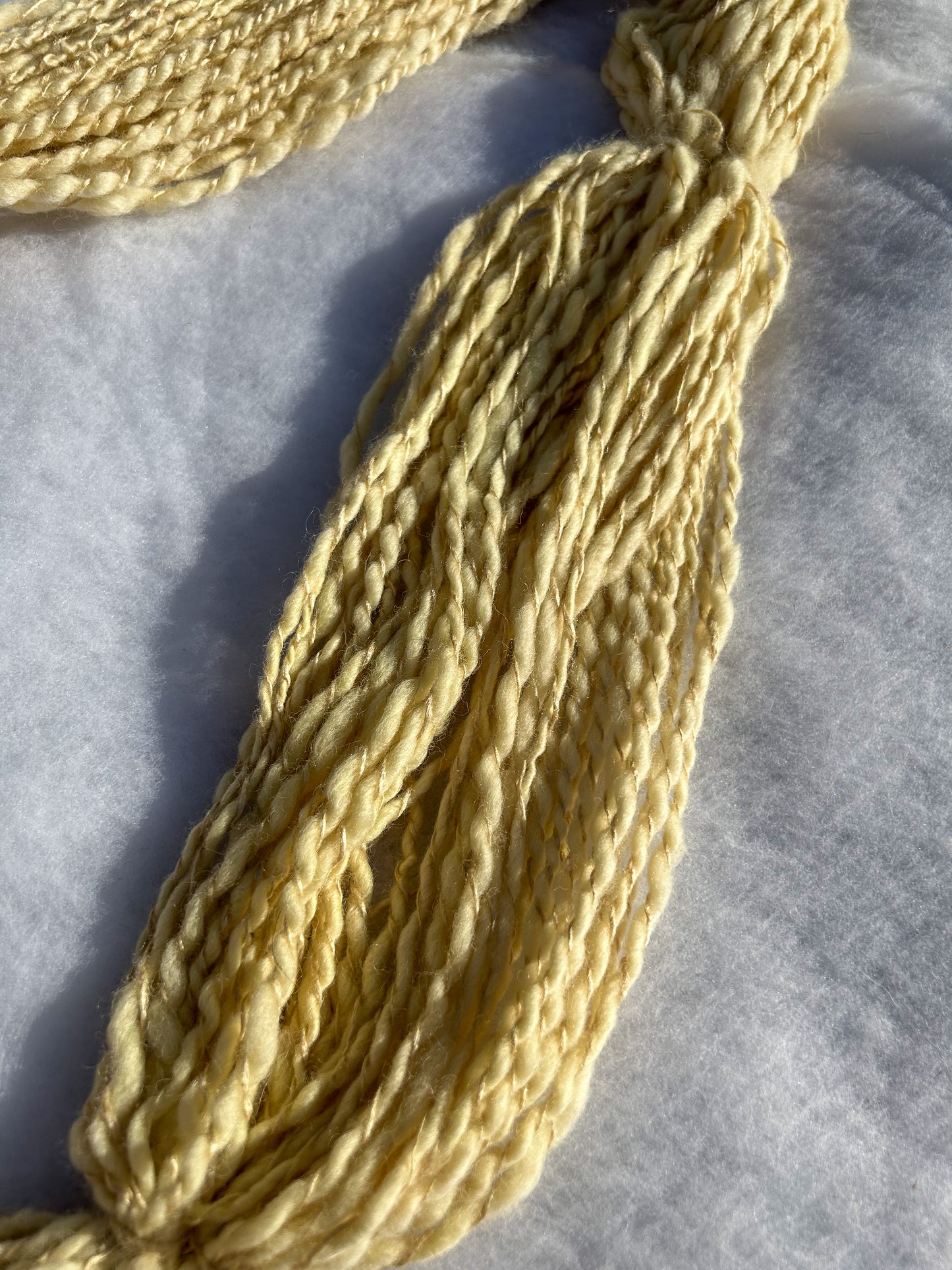 Handspun Light Yellow Birch Bark Dyed Baby Merino and Tussah Silk 2ply Skein ☆  78g Naturally Dyed wool and silk