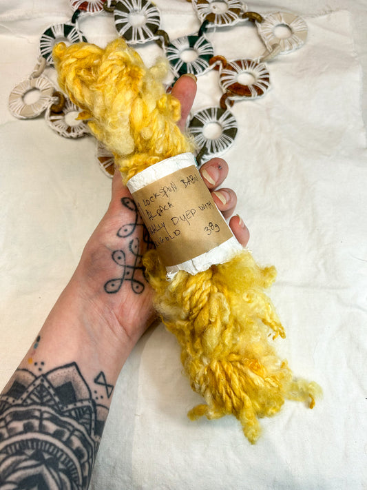 Handspun Yellow Marigold Dyed Lock Spun Baby Alpaca 2ply Skein ☆  38g Naturally Dyed Alpaca Yarn