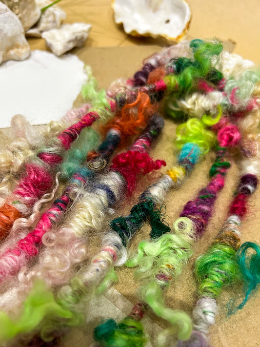 Handspun "Supercoils and Locks" teeswater, merino, ribbon and alpaca Skein ☆ 60g/4m Art Yarn