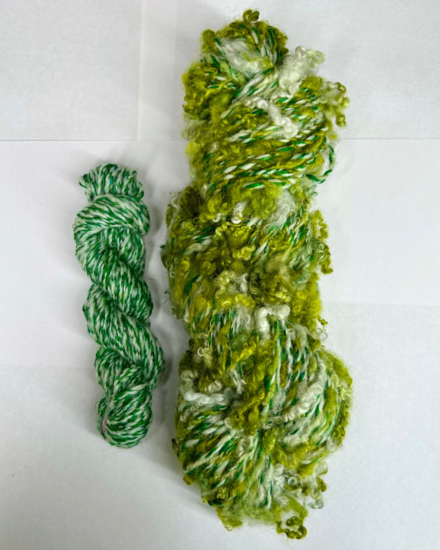 'Mossy Duo': lock spun Blue Face Leicester, Merino and Sari Silk 3ply Crepe and 4ply cabled sampler (77g & 15g)