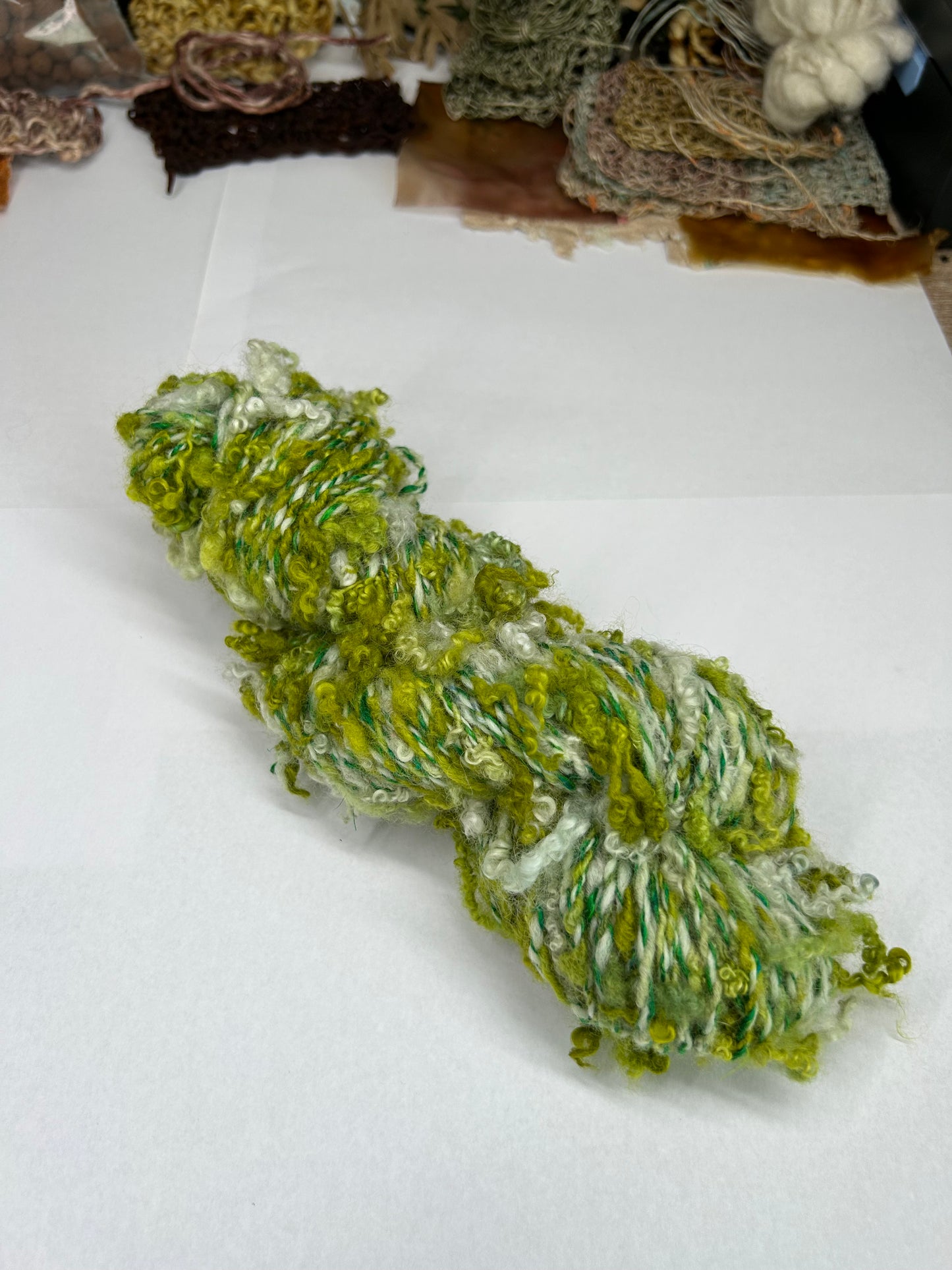 'Mossy Duo': lock spun Blue Face Leicester, Merino and Sari Silk 3ply Crepe and 4ply cabled sampler (77g & 15g)