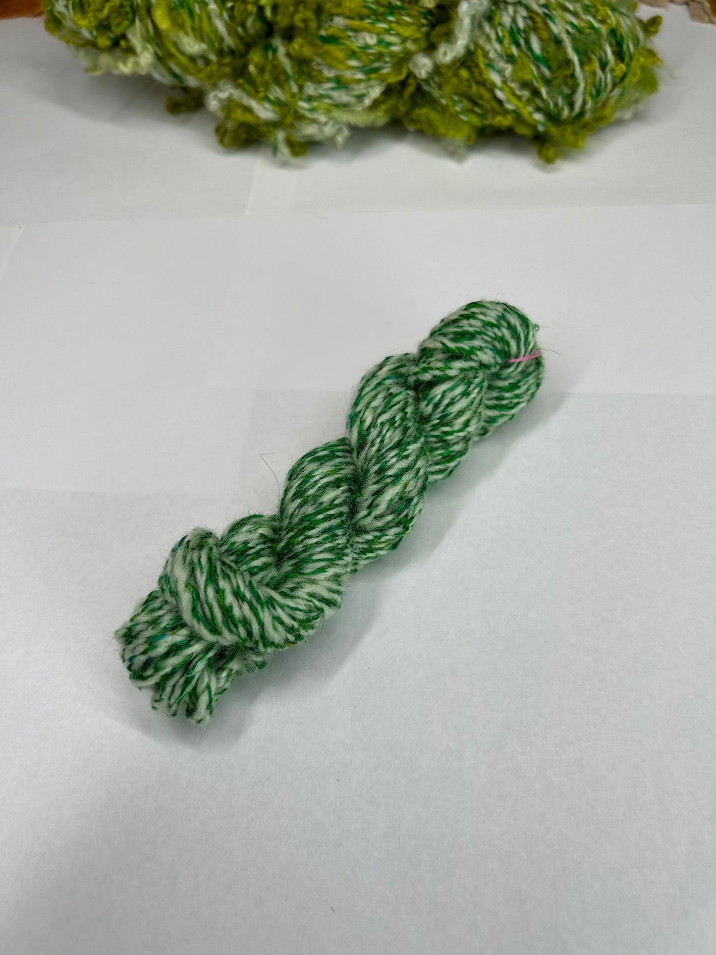 'Mossy Duo': lock spun Blue Face Leicester, Merino and Sari Silk 3ply Crepe and 4ply cabled sampler (77g & 15g)