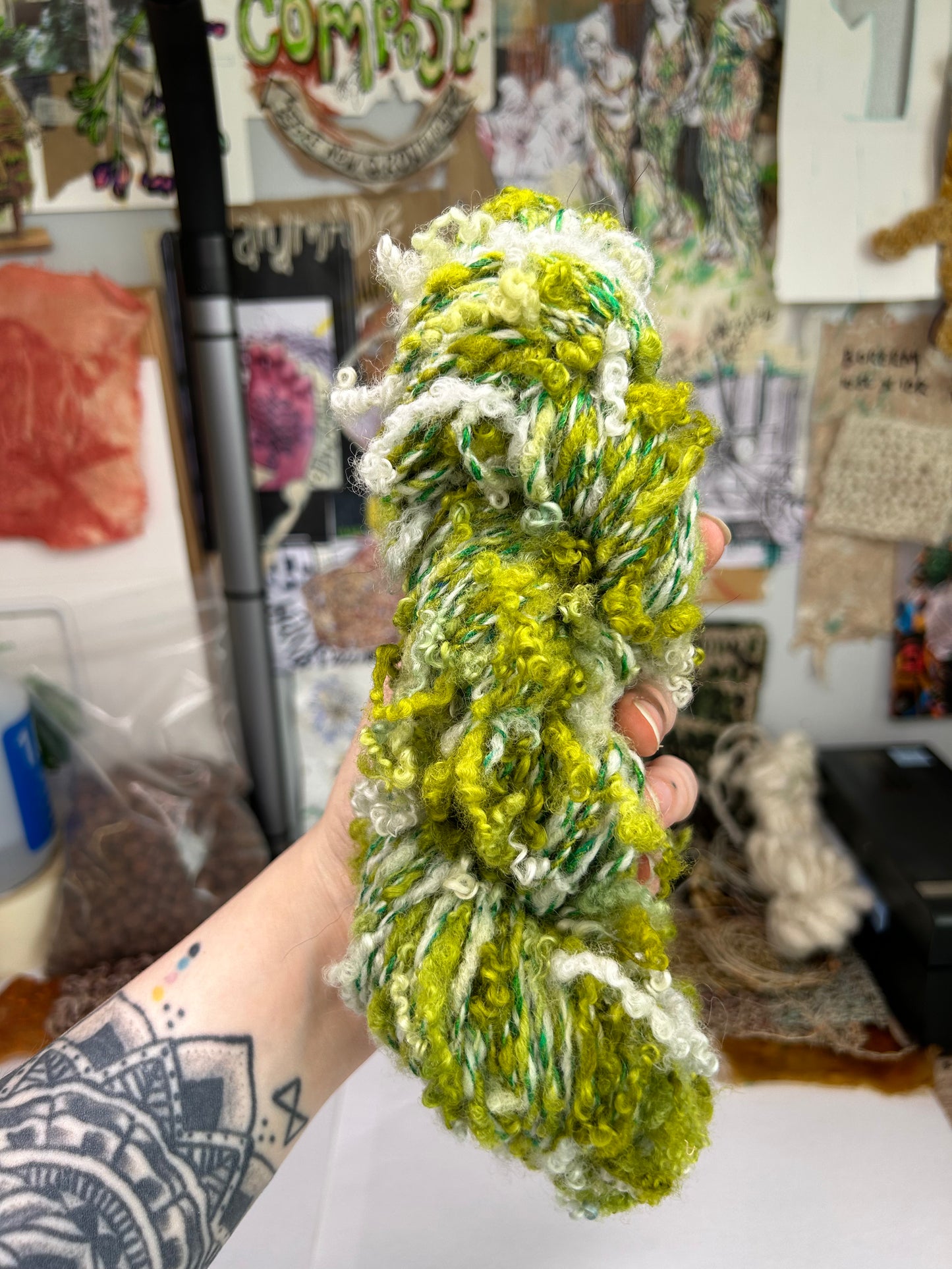 'Mossy Duo': lock spun Blue Face Leicester, Merino and Sari Silk 3ply Crepe and 4ply cabled sampler (77g & 15g)