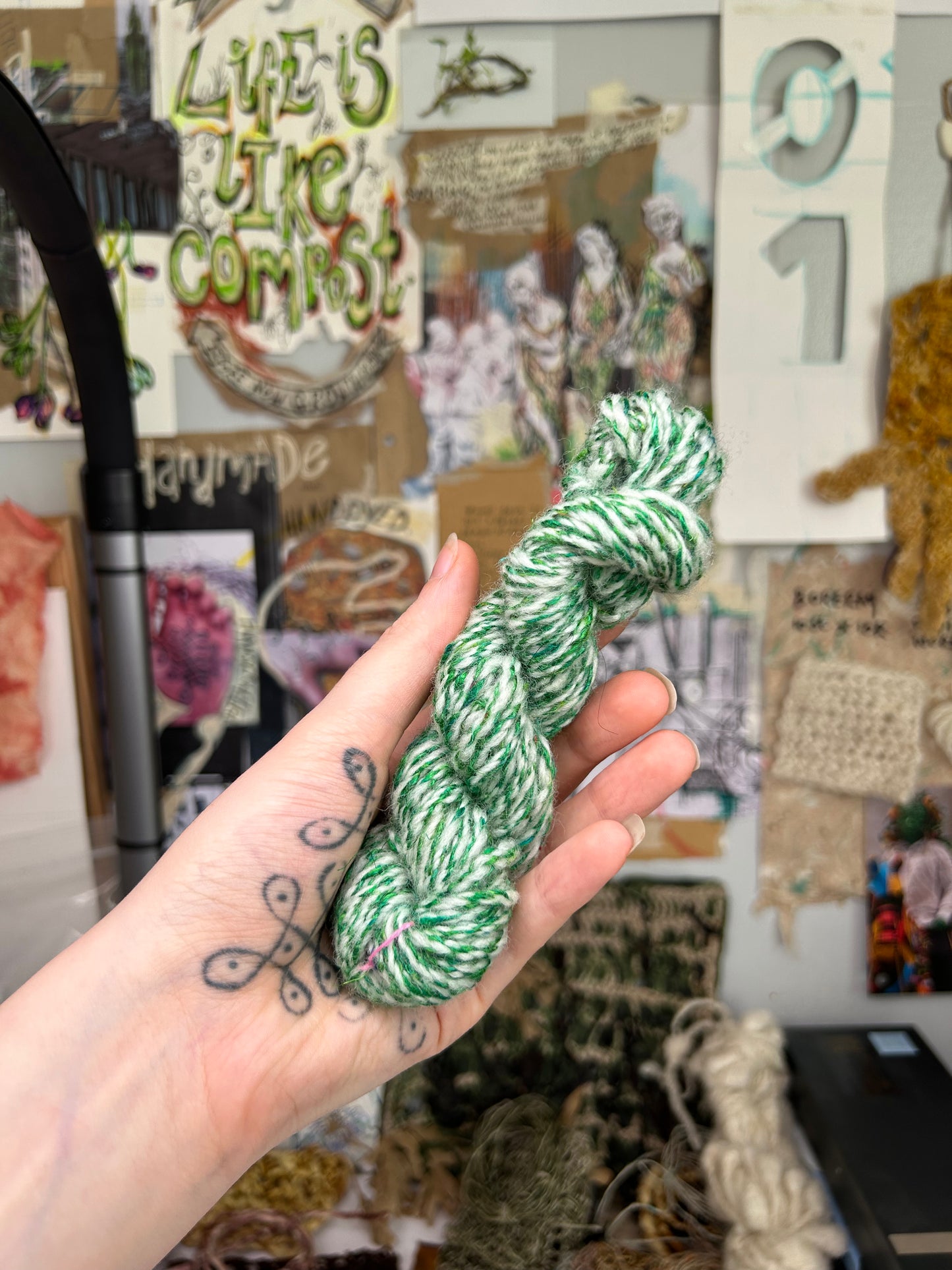 'Mossy Duo': lock spun Blue Face Leicester, Merino and Sari Silk 3ply Crepe and 4ply cabled sampler (77g & 15g)