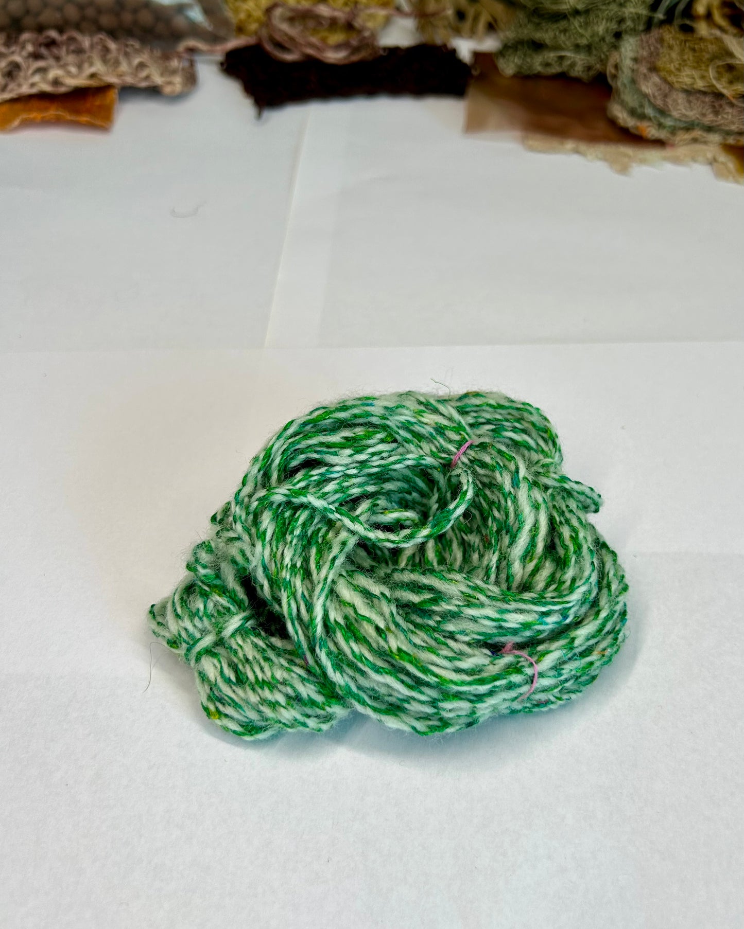 'Mossy Duo': lock spun Blue Face Leicester, Merino and Sari Silk 3ply Crepe and 4ply cabled sampler (77g & 15g)