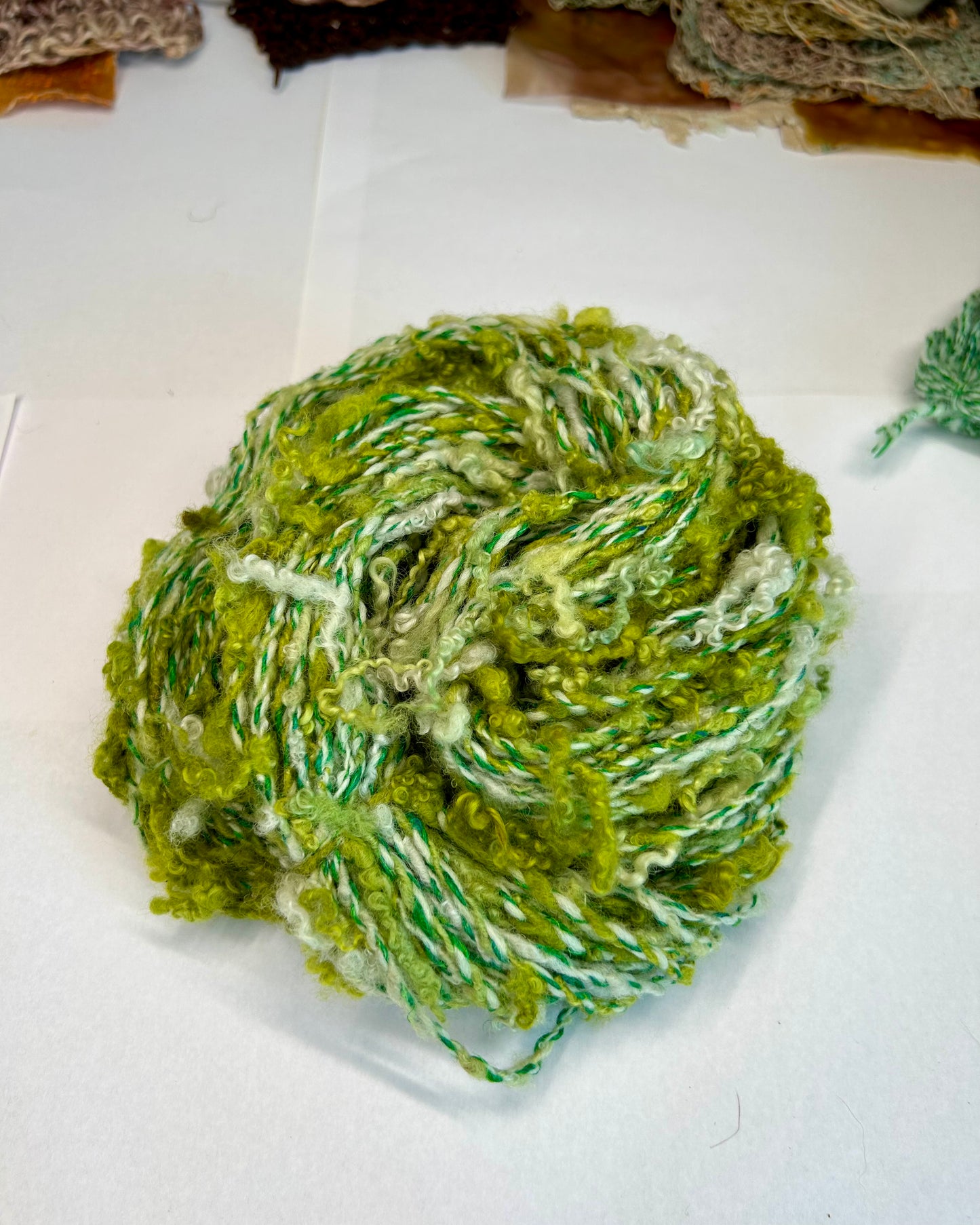 'Mossy Duo': lock spun Blue Face Leicester, Merino and Sari Silk 3ply Crepe and 4ply cabled sampler (77g & 15g)