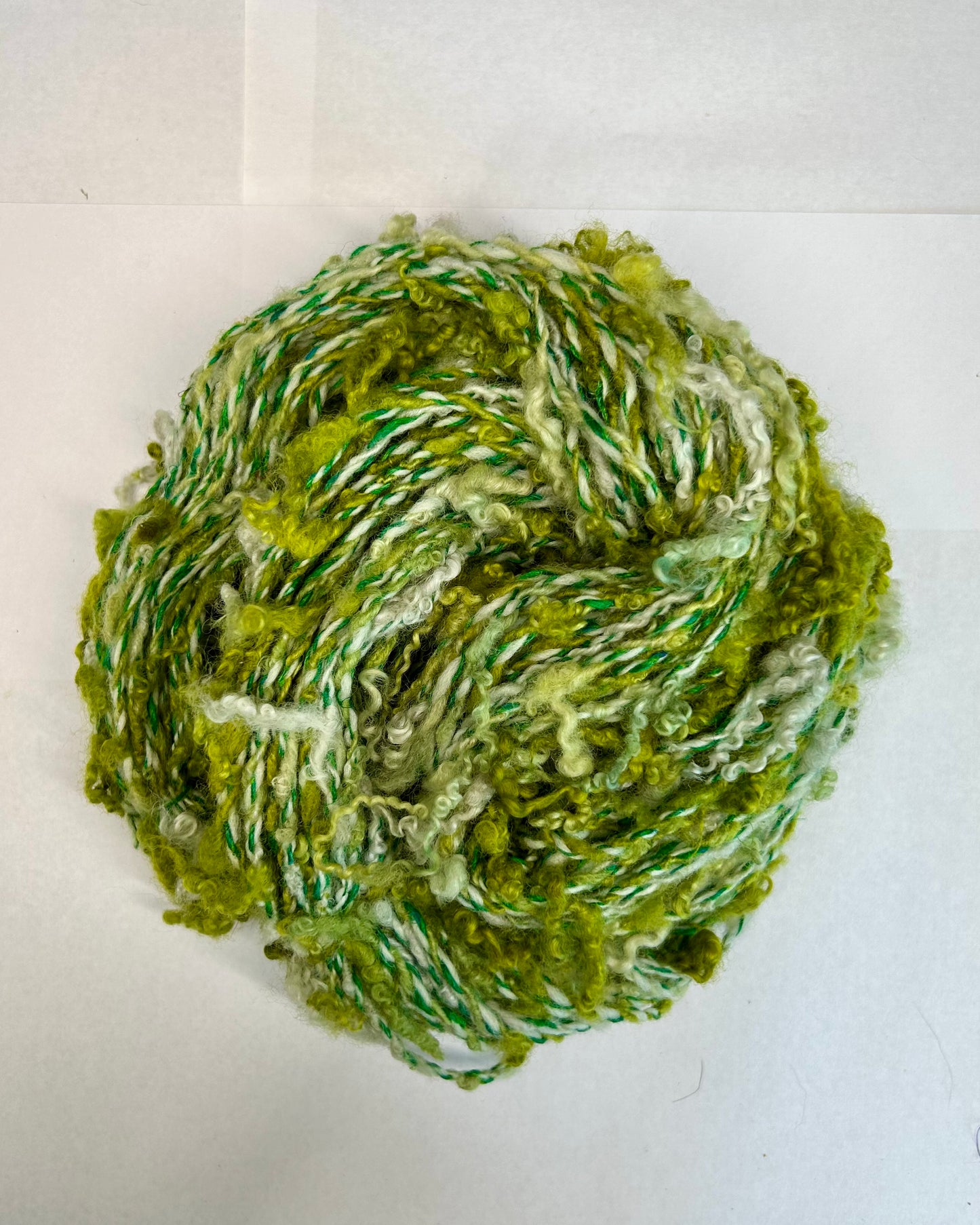 'Mossy Duo': lock spun Blue Face Leicester, Merino and Sari Silk 3ply Crepe and 4ply cabled sampler (77g & 15g)