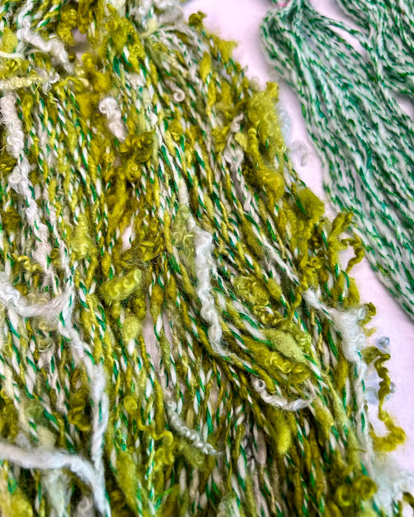 'Mossy Duo': lock spun Blue Face Leicester, Merino and Sari Silk 3ply Crepe and 4ply cabled sampler (77g & 15g)