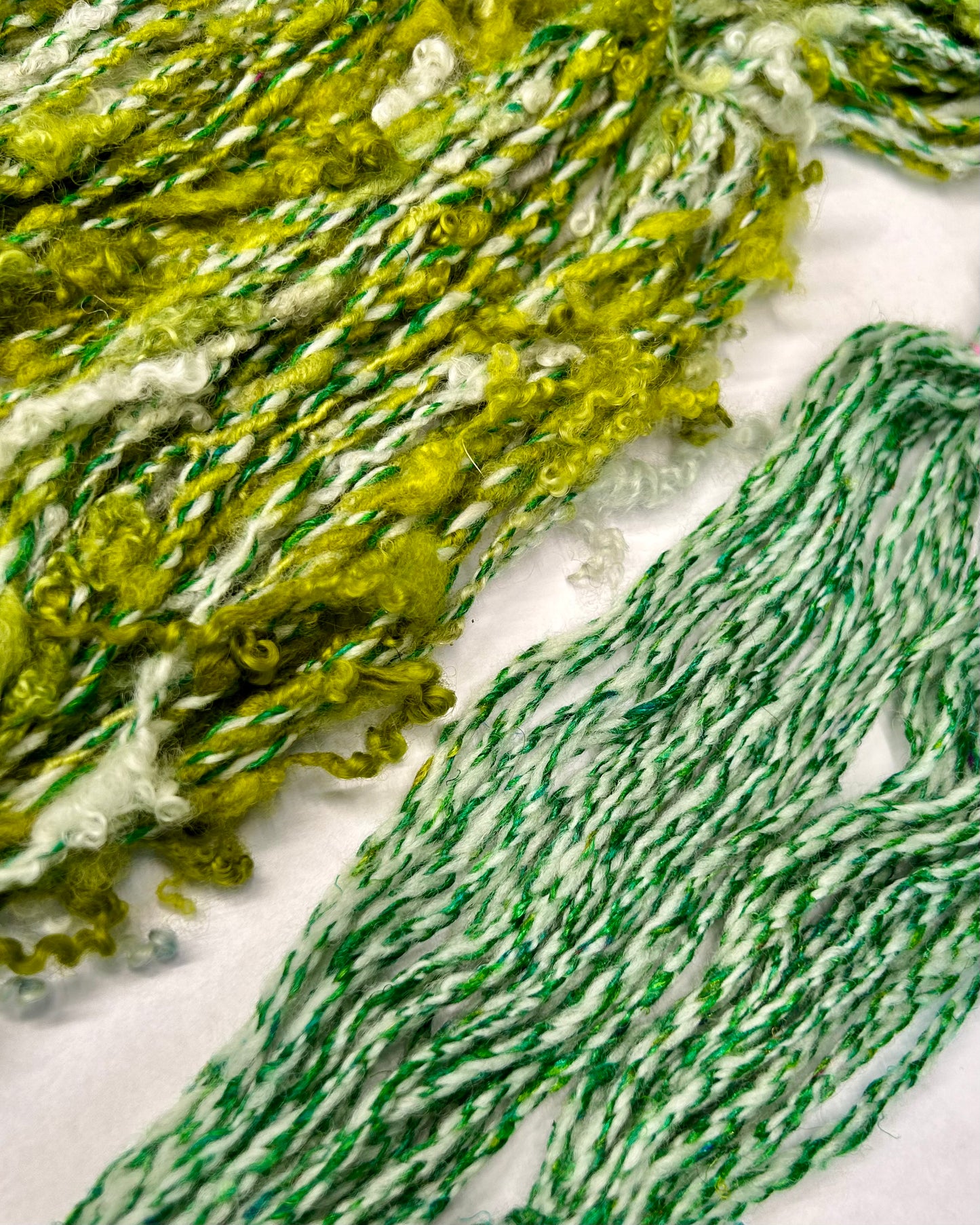 'Mossy Duo': lock spun Blue Face Leicester, Merino and Sari Silk 3ply Crepe and 4ply cabled sampler (77g & 15g)