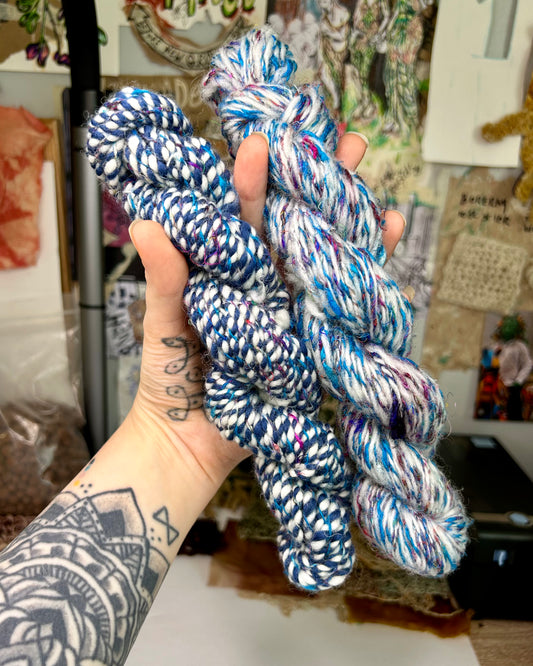 'Blueberry Duo': Sari Silk & Merino 3ply Bubble Crepe and 2ply Light Fingering (48g & 25g)