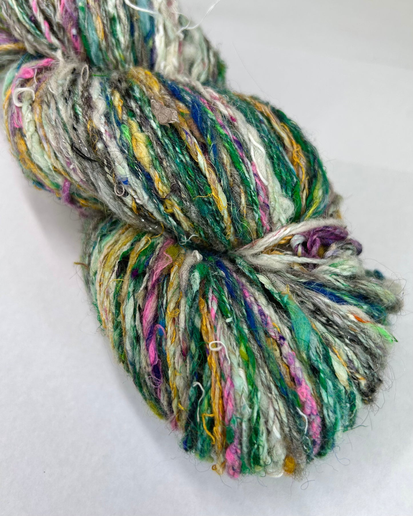 "Scappy #2" recycled yarn and silk chain plied skein (3ply/130g)
