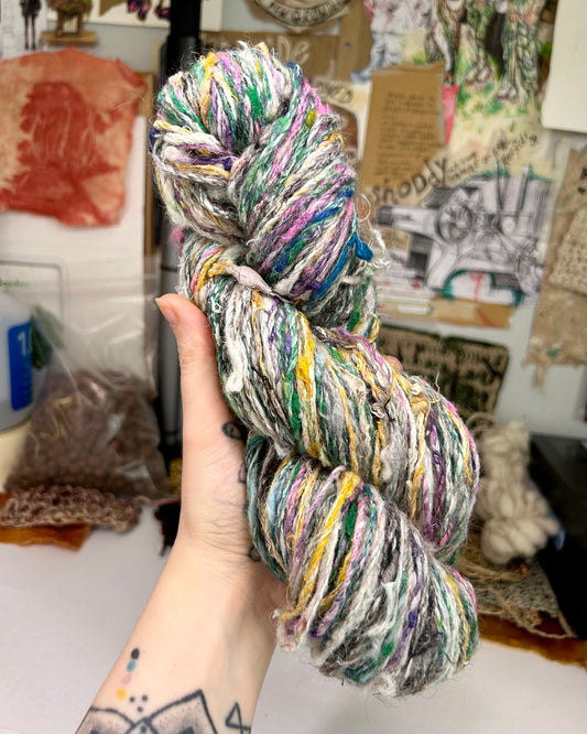 "Scappy #2" recycled yarn and silk chain plied skein (3ply/130g)