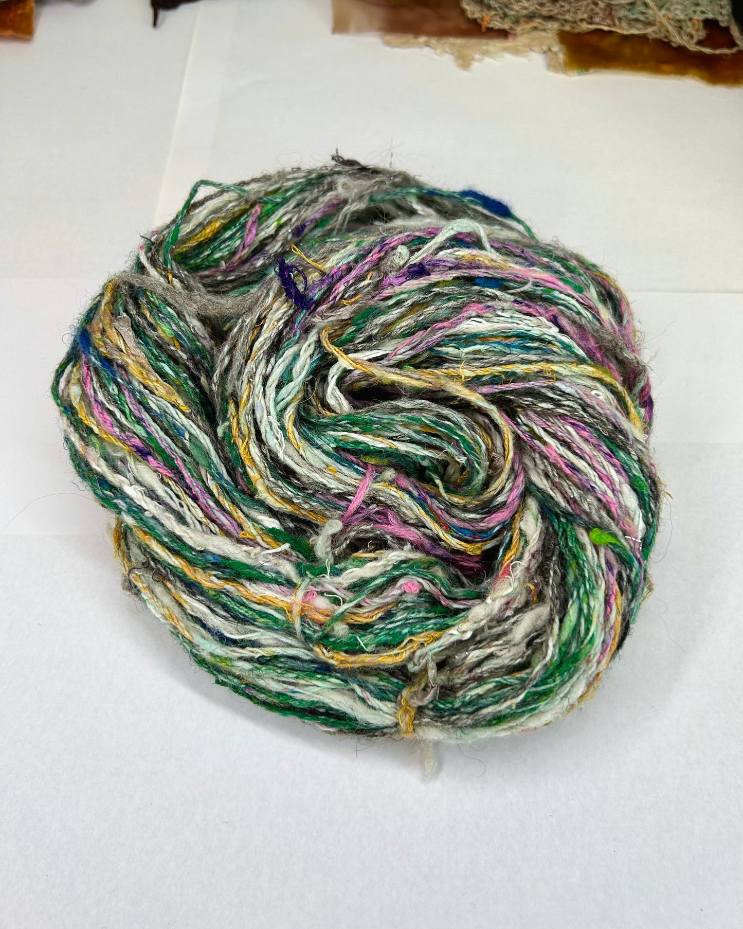 "Scappy #2" recycled yarn and silk chain plied skein (3ply/130g)
