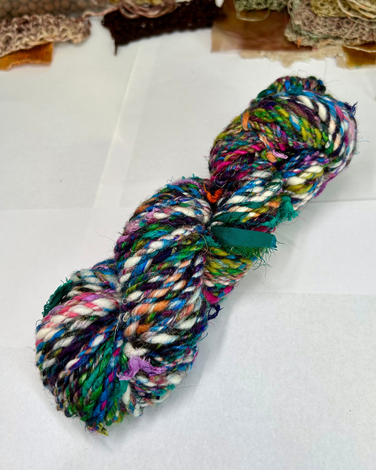 'Forget-me-not' merino, sari silk, shetland and ribbon add ins; chunky 2ply (103g)