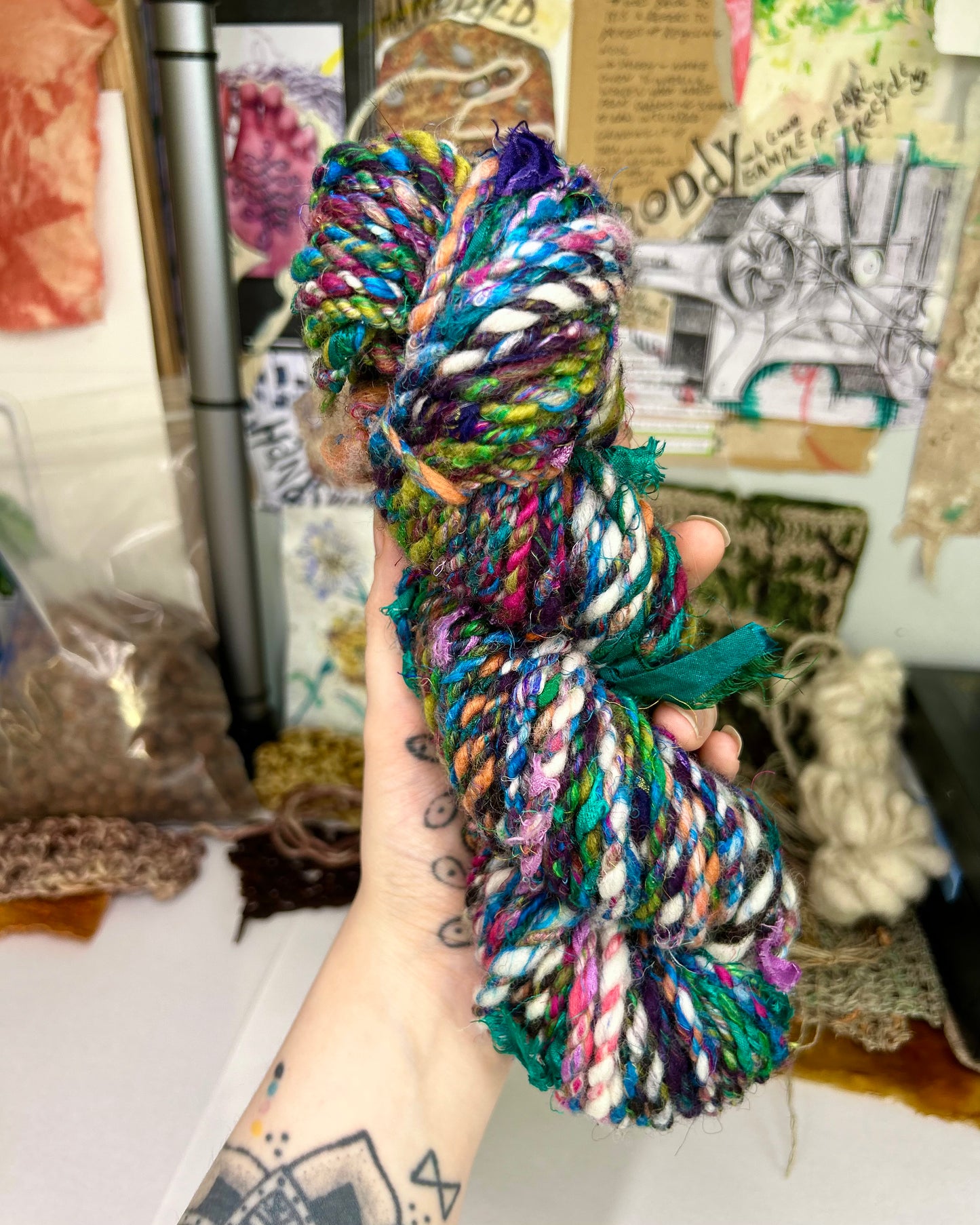 'Forget-me-not' merino, sari silk, shetland and ribbon add ins; chunky 2ply (103g)