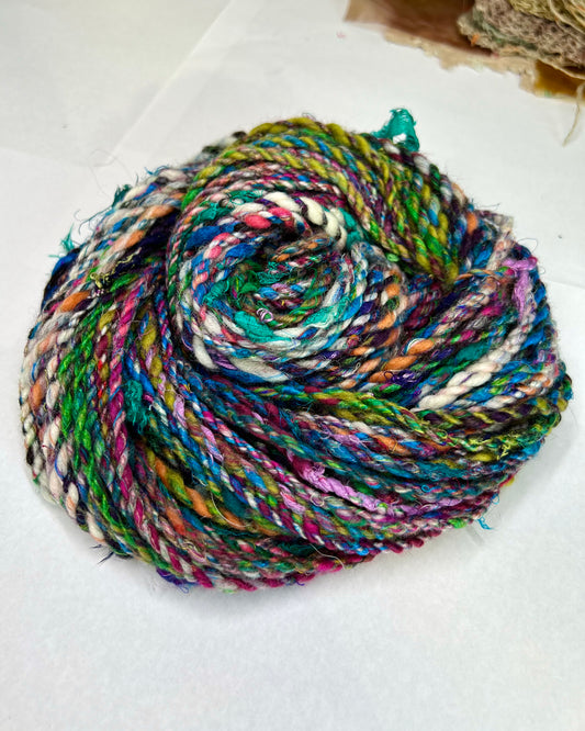 'Forget-me-not' merino, sari silk, shetland and ribbon add ins; chunky 2ply (103g)