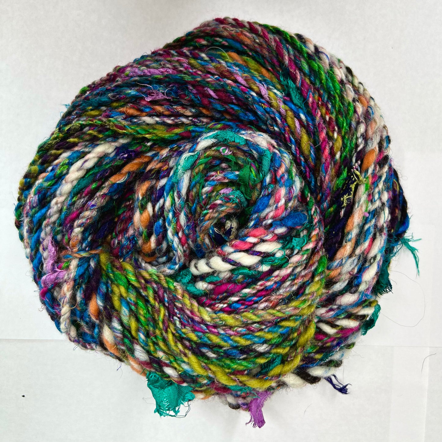 'Forget-me-not' merino, sari silk, shetland and ribbon add ins; chunky 2ply (103g)