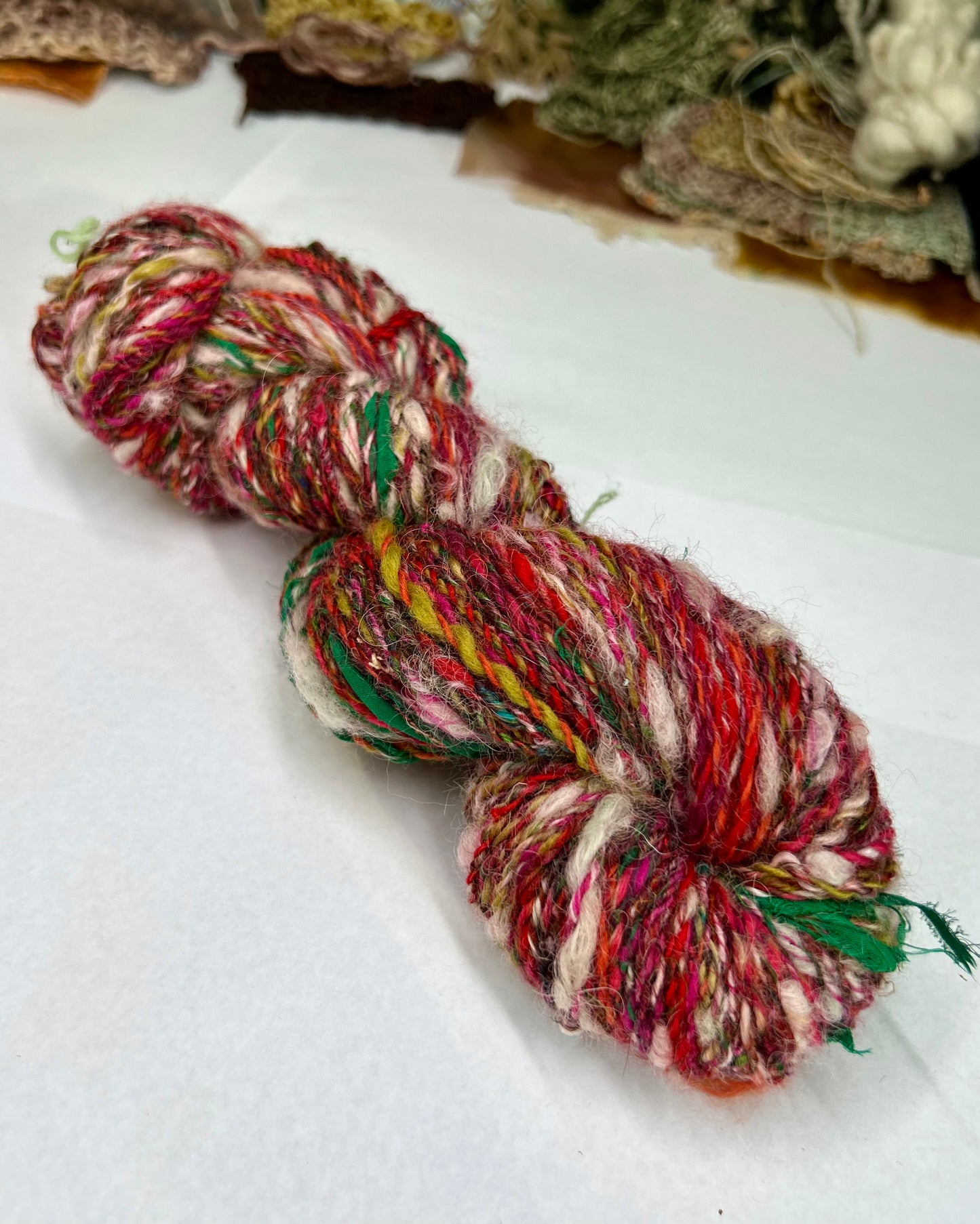 'Scarlet Double Daisy' merino, teeswater, wensleydale. sari silk and ribbon 2ply/100g
