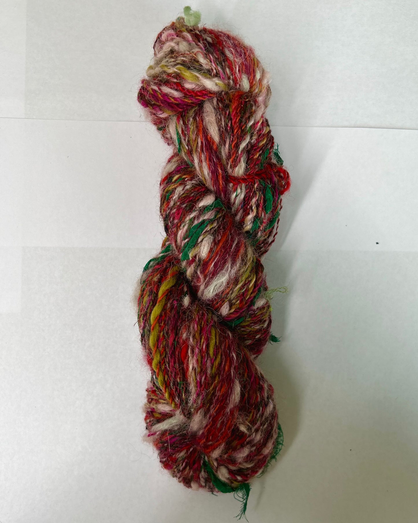 'Scarlet Double Daisy' merino, teeswater, wensleydale. sari silk and ribbon 2ply/100g