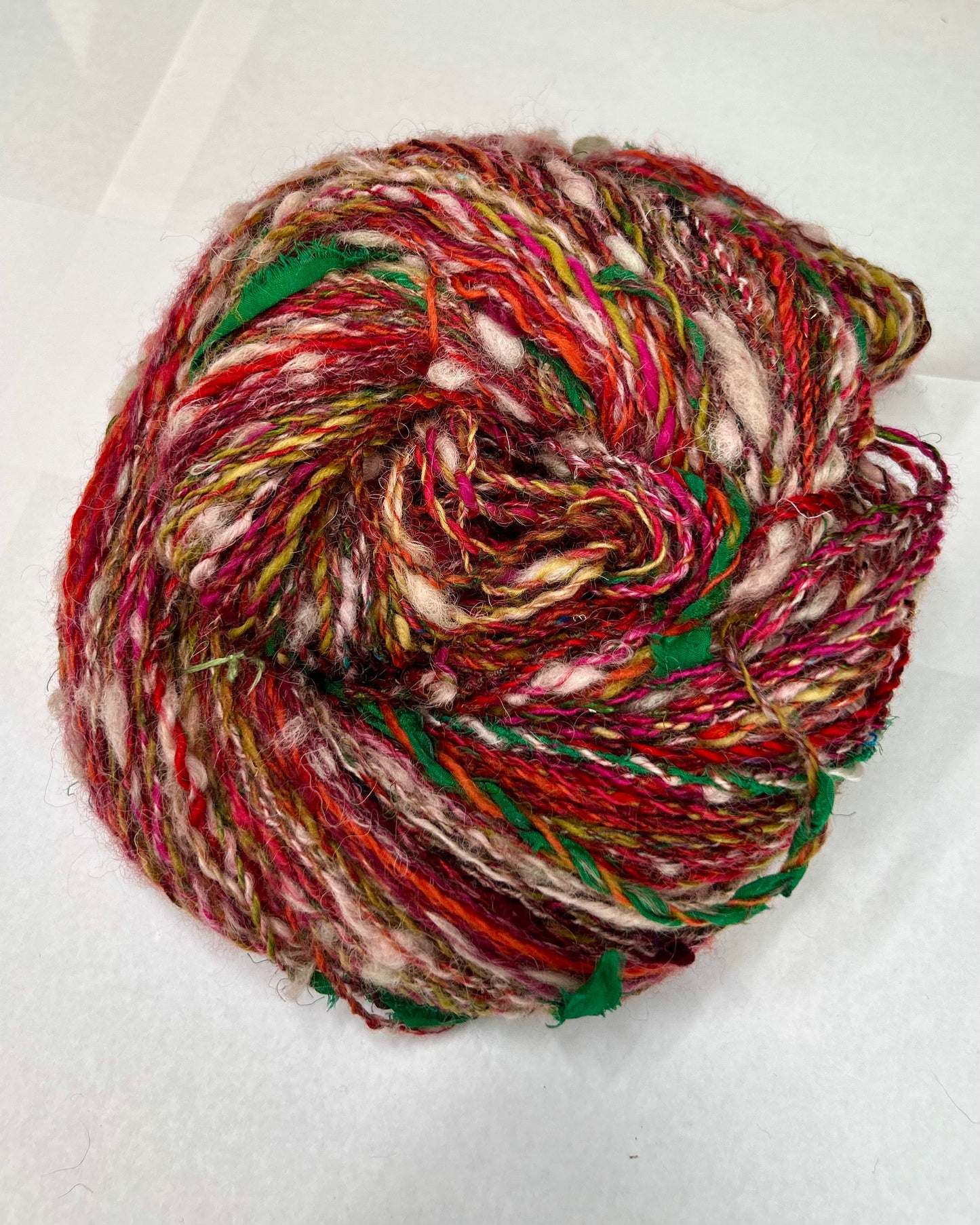'Scarlet Double Daisy' merino, teeswater, wensleydale. sari silk and ribbon 2ply/100g