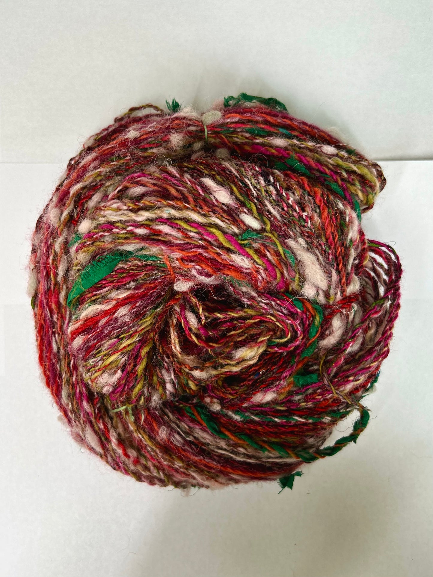 'Scarlet Double Daisy' merino, teeswater, wensleydale. sari silk and ribbon 2ply/100g