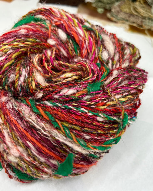 'Scarlet Double Daisy' merino, teeswater, wensleydale. sari silk and ribbon 2ply/100g