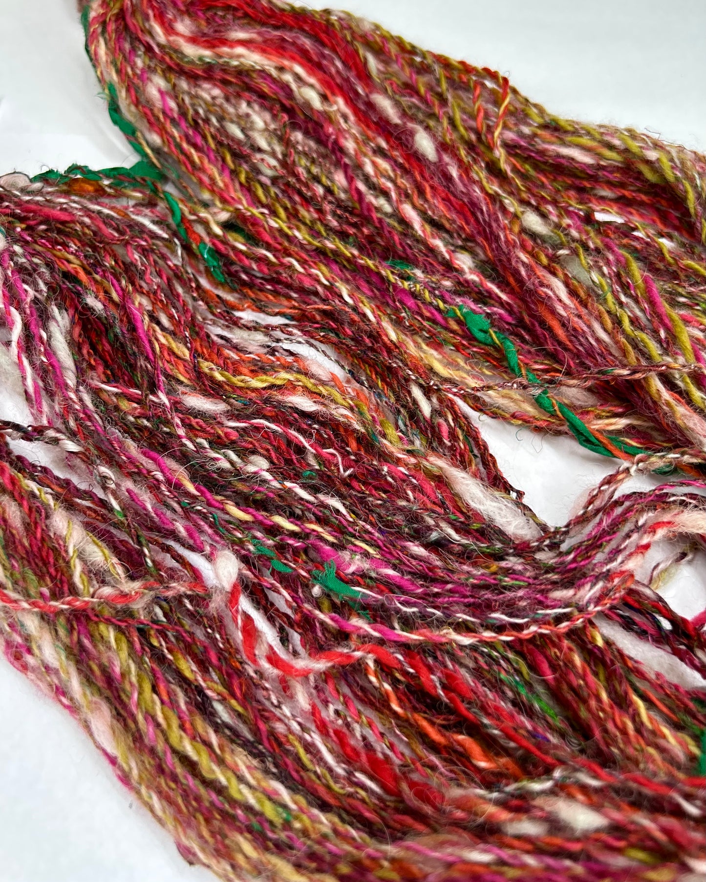 'Scarlet Double Daisy' merino, teeswater, wensleydale. sari silk and ribbon 2ply/100g