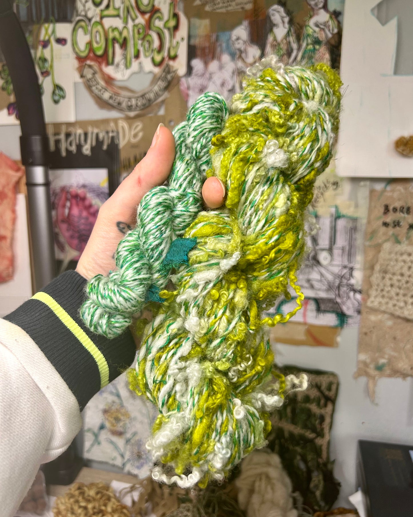 'Mossy Duo': lock spun Blue Face Leicester, Merino and Sari Silk 3ply Crepe and 4ply cabled sampler (77g & 15g)