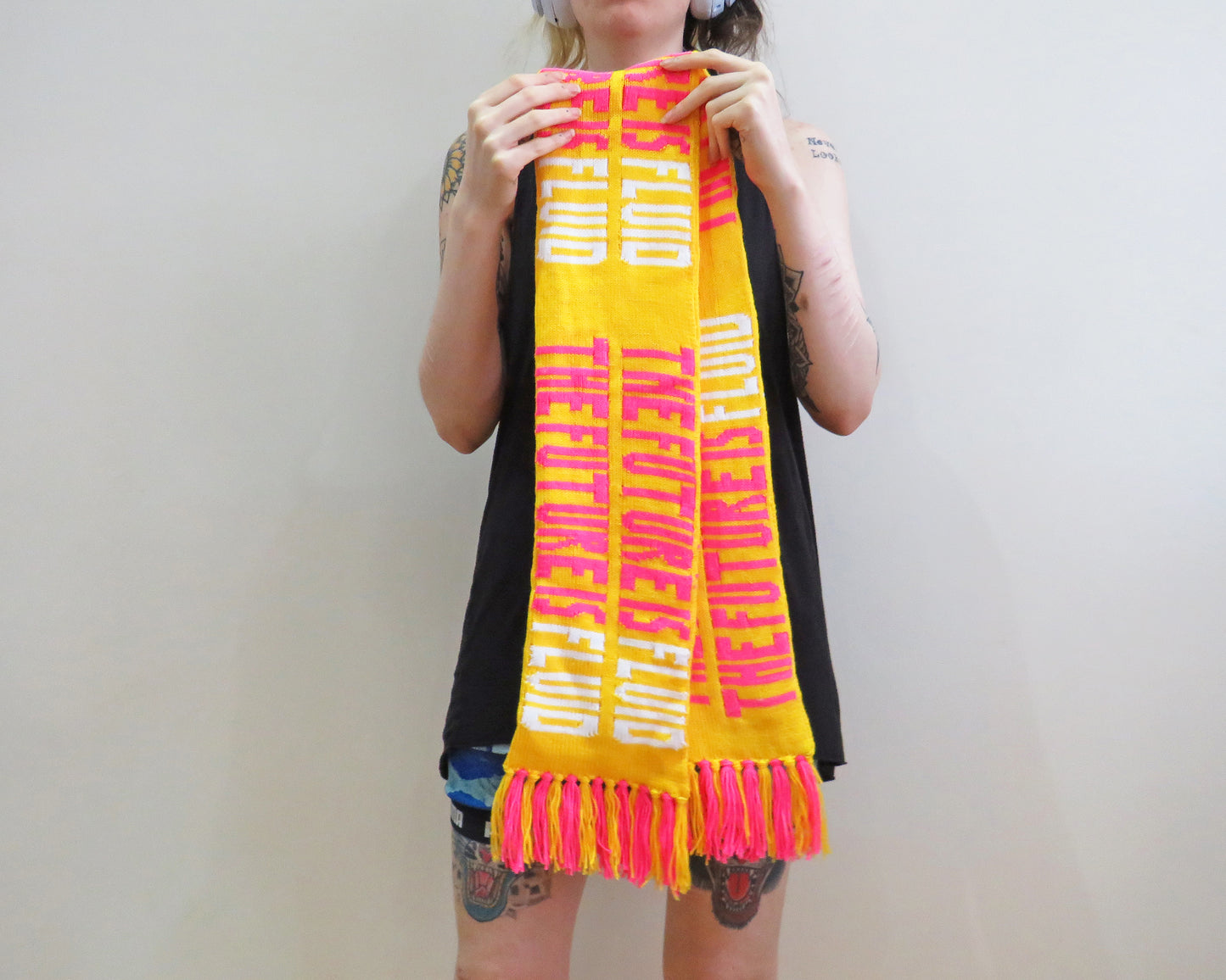 The Future is Fluid ☆ Pink and Yellow Machine Knit Scarf