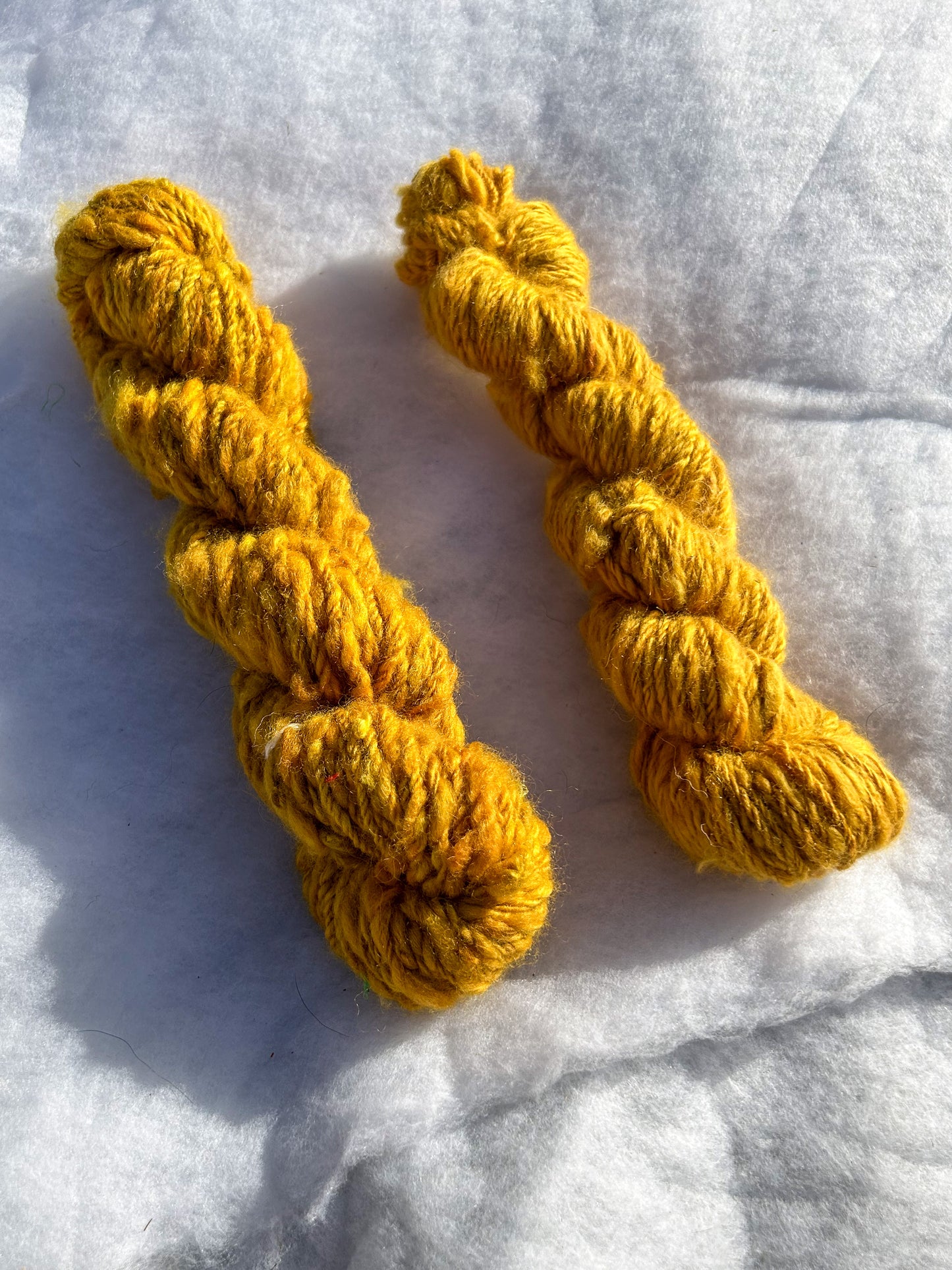 Handspun Yellow Himalayan Rhubarb Dyed Baby Alpaca 3ply Skein with textural felted add ins ☆  45g Naturally Dyed Chain Plied Alpaca Yarn