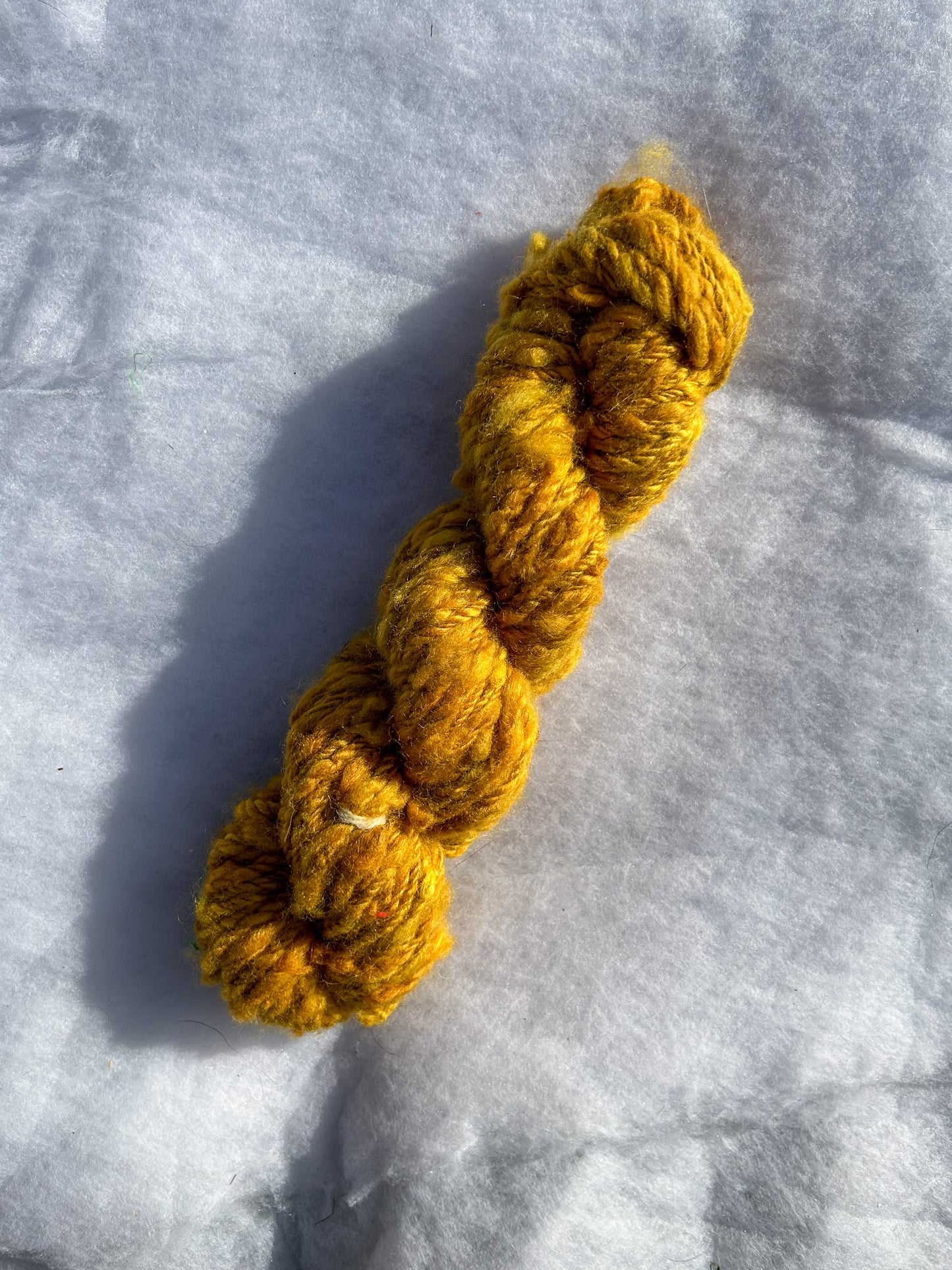 Handspun Yellow Himalayan Rhubarb Dyed Baby Alpaca 3ply Skein with textural felted add ins ☆  45g Naturally Dyed Chain Plied Alpaca Yarn