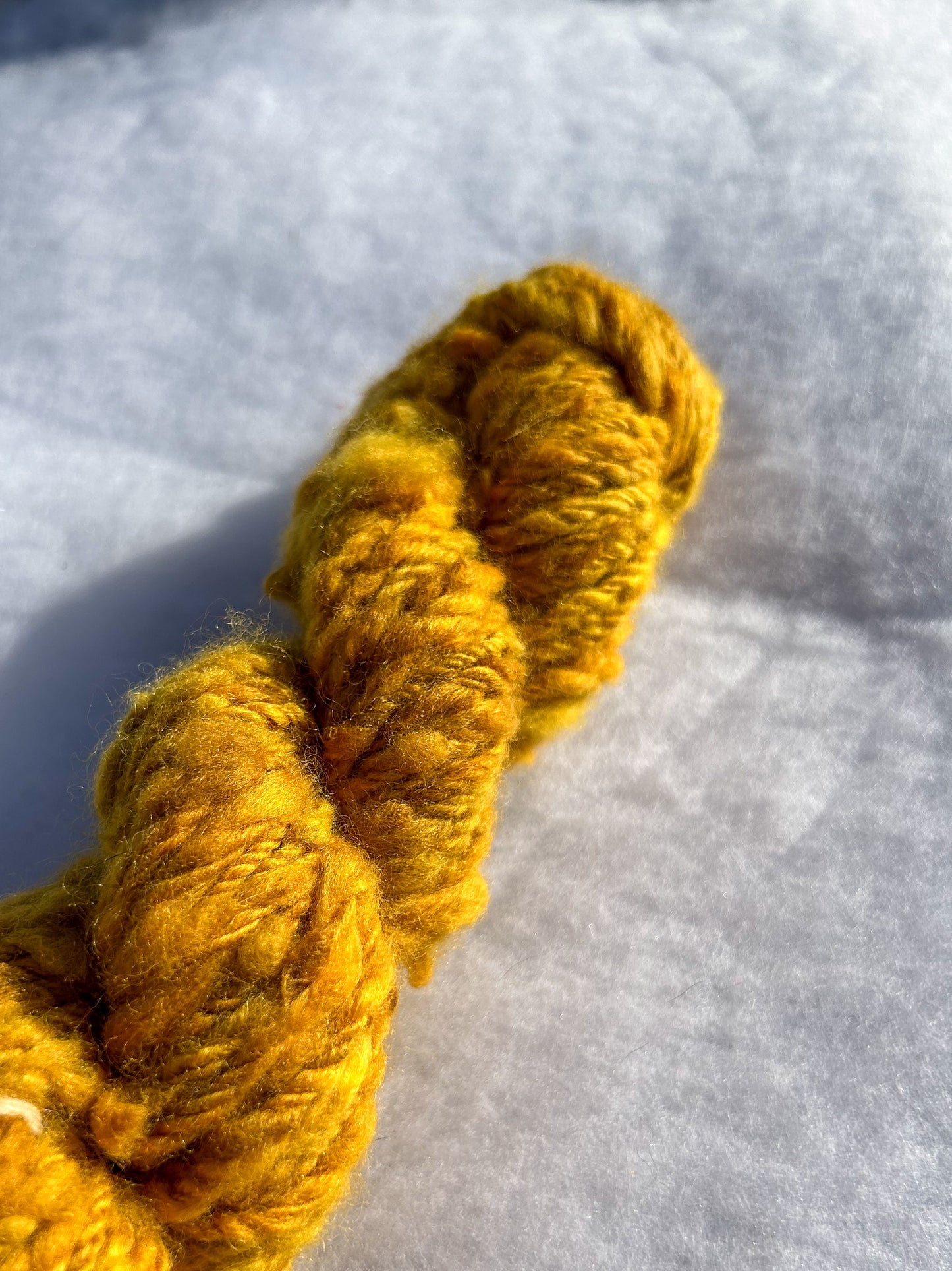 Handspun Yellow Himalayan Rhubarb Dyed Baby Alpaca 3ply Skein with textural felted add ins ☆  45g Naturally Dyed Chain Plied Alpaca Yarn