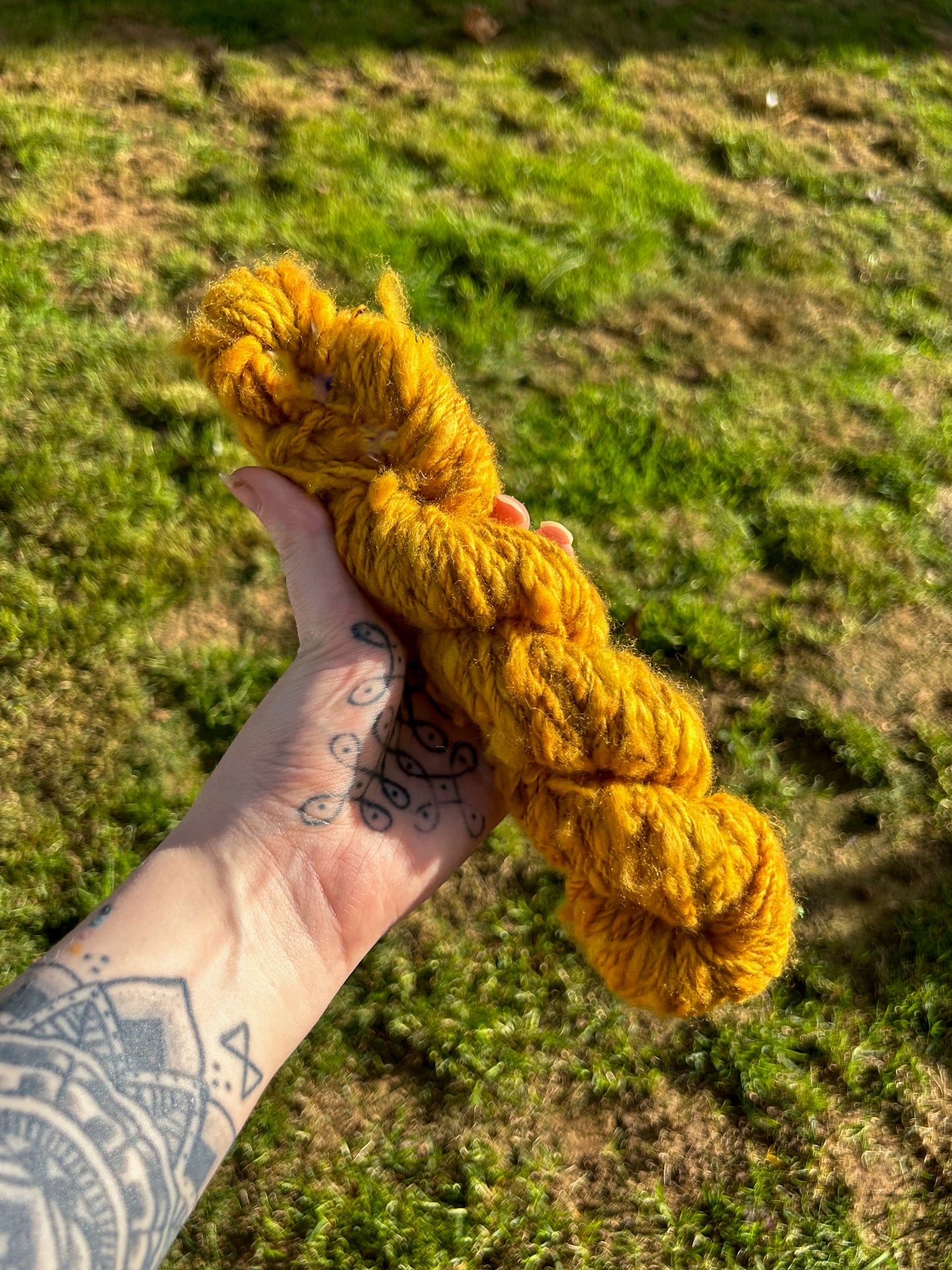 Handspun Yellow Himalayan Rhubarb Dyed Baby Alpaca 3ply Skein with textural felted add ins ☆  45g Naturally Dyed Chain Plied Alpaca Yarn