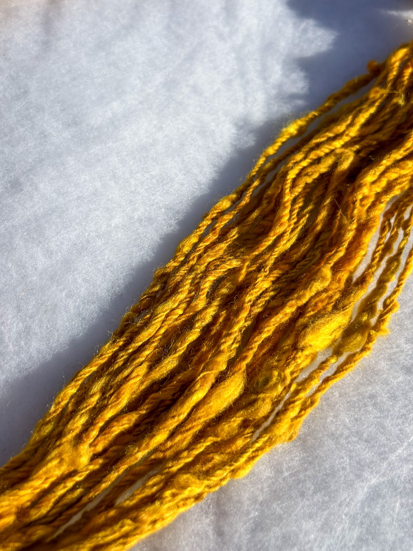 Handspun Yellow Himalayan Rhubarb Dyed Baby Alpaca 3ply Skein with textural felted add ins ☆  45g Naturally Dyed Chain Plied Alpaca Yarn