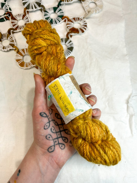 Handspun Yellow Himalayan Rhubarb Dyed Baby Alpaca 3ply Skein with textural felted add ins ☆  45g Naturally Dyed Chain Plied Alpaca Yarn