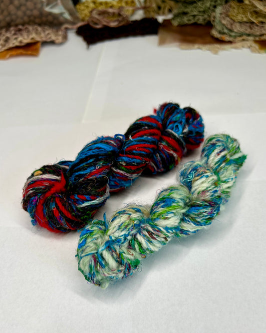 'Snowdrops, day and night' sampler duo; merino, teeswater and sari silk 3ply (15g & 25g)