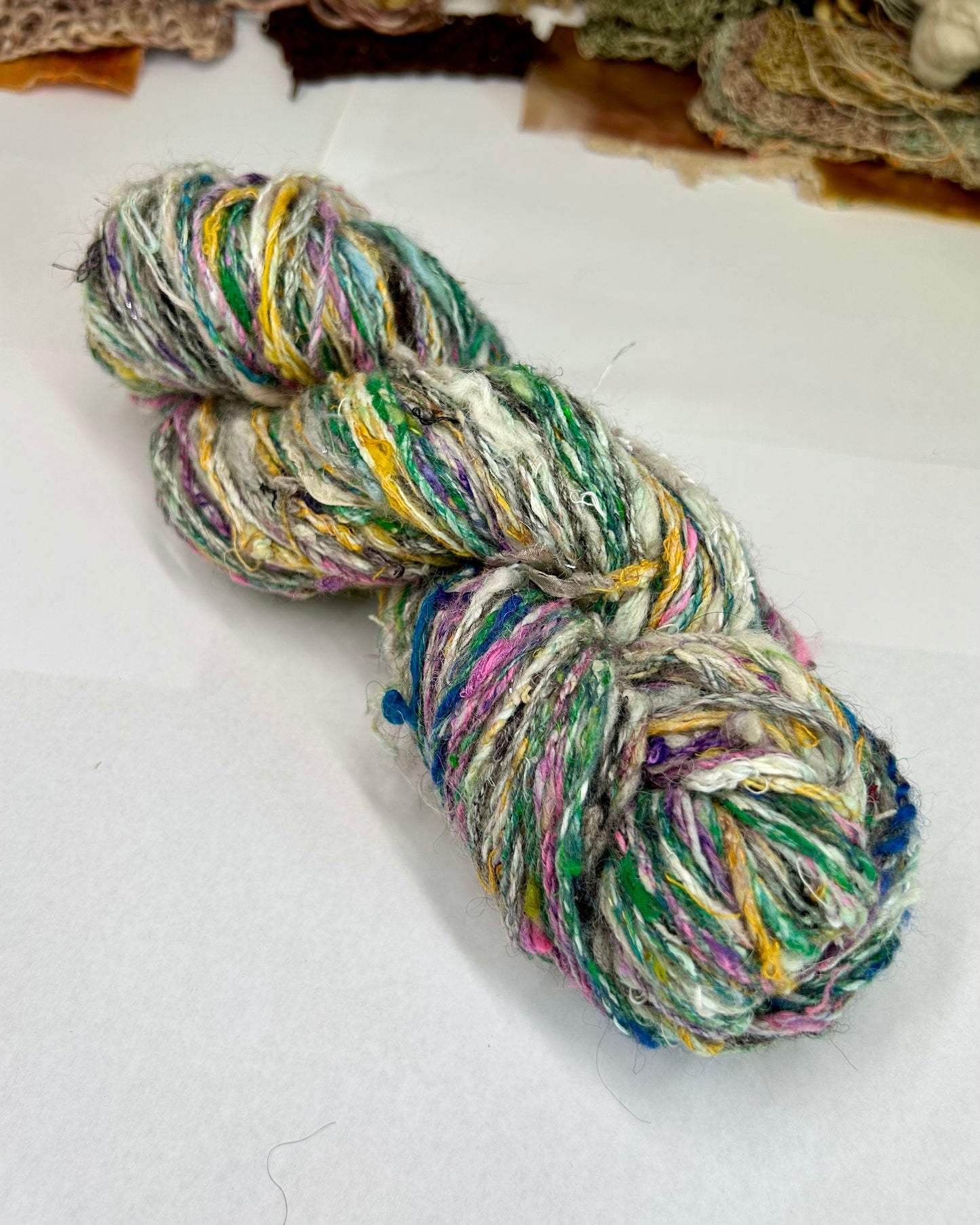 "Scappy #2" recycled yarn and silk chain plied skein (3ply/130g)