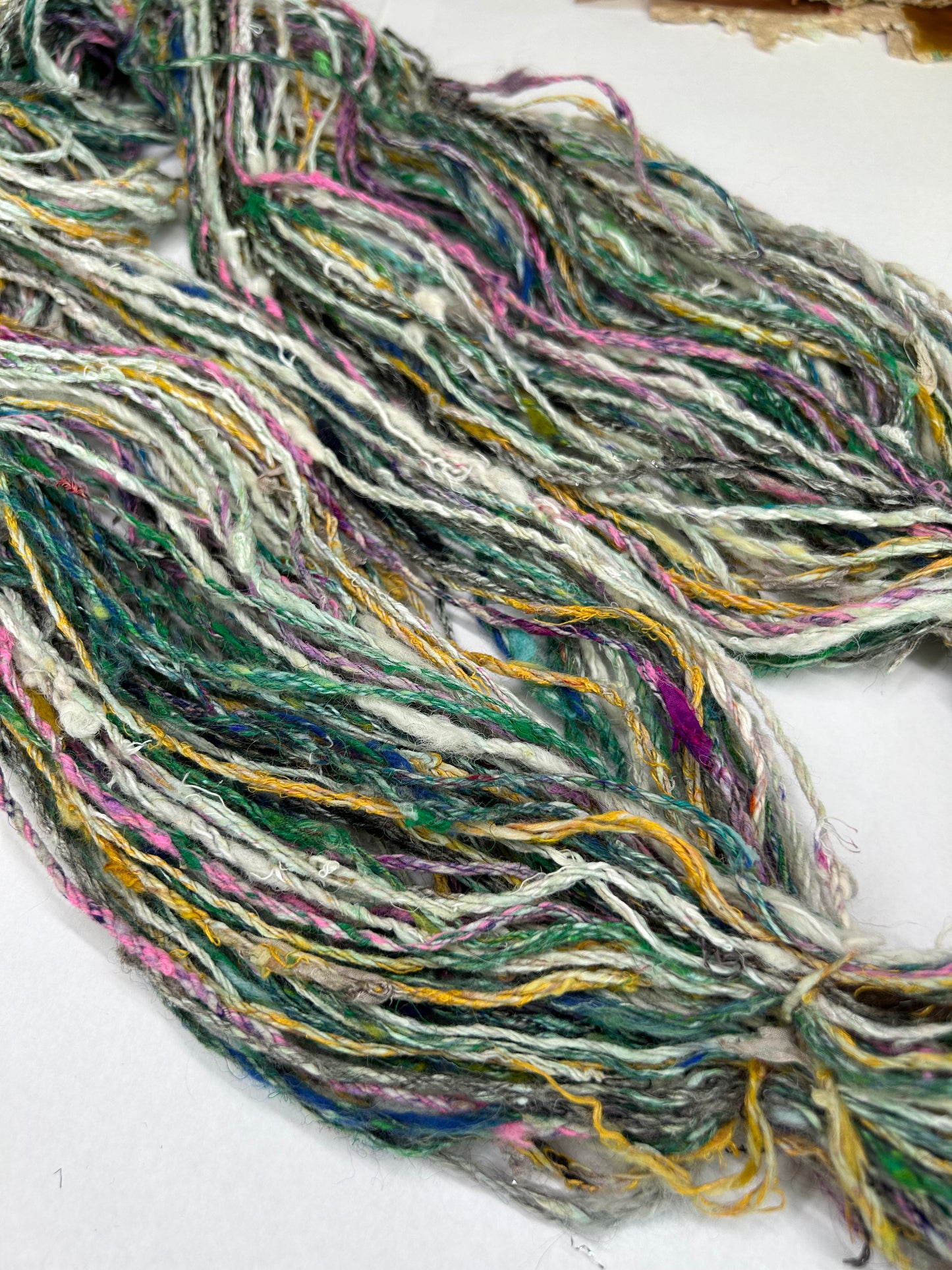 "Scappy #2" recycled yarn and silk chain plied skein (3ply/130g)