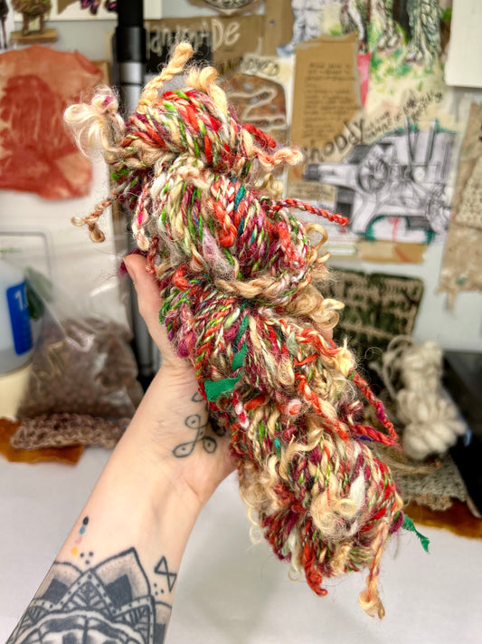 'Gorse petal's' merino, wensleydale, teeswater locks and sari silk pigtail yarn 2ply/85g